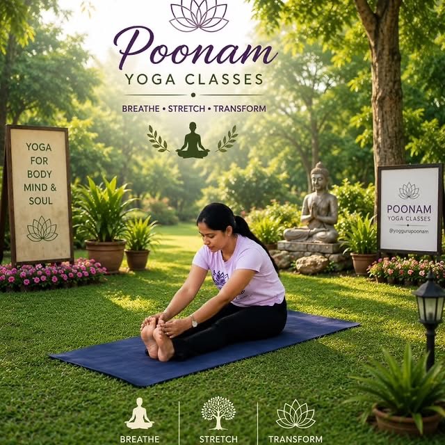 Poonam Singh in a seated forward fold during an outdoor garden yoga session